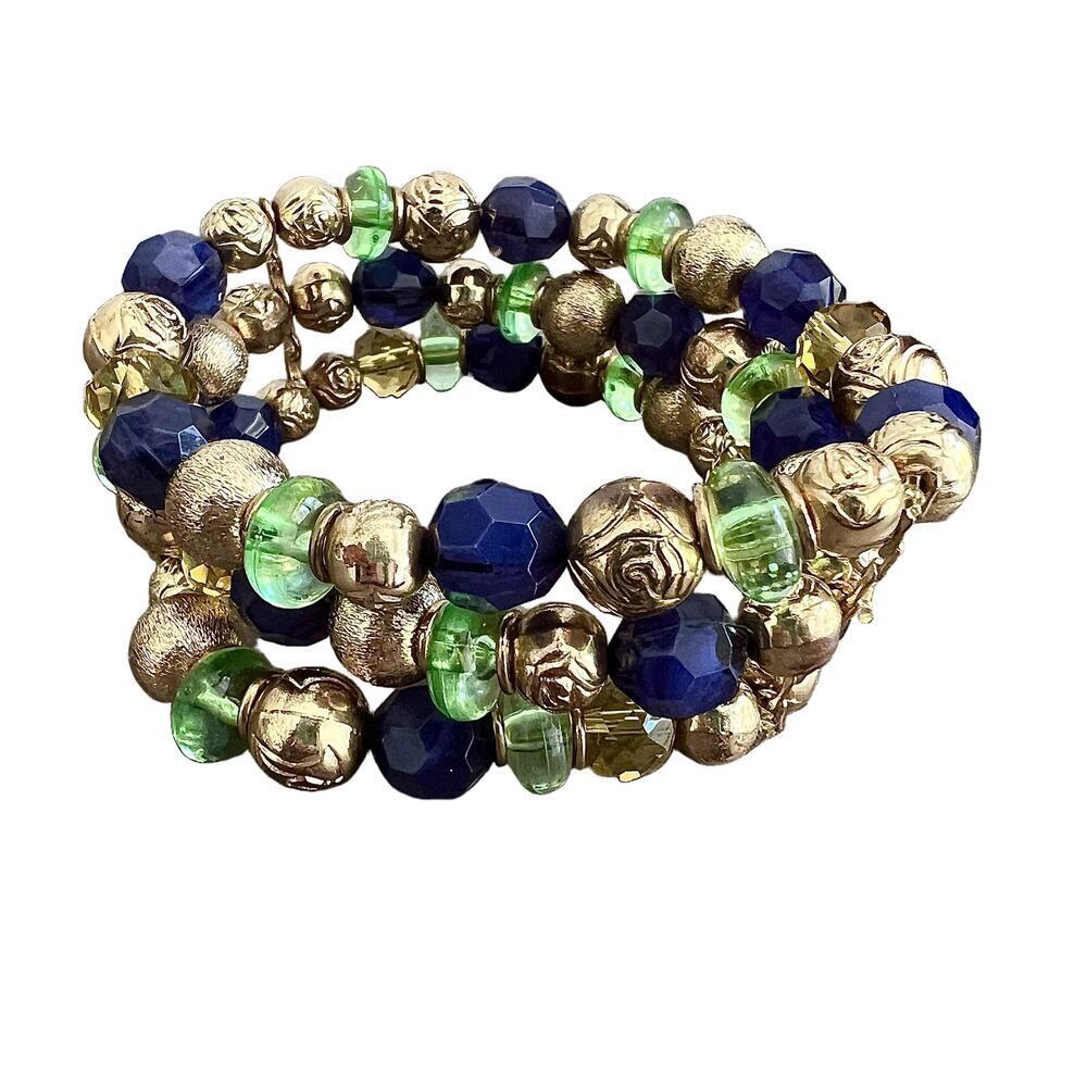 Multicolored mixed media blue green gold attached bracelet set